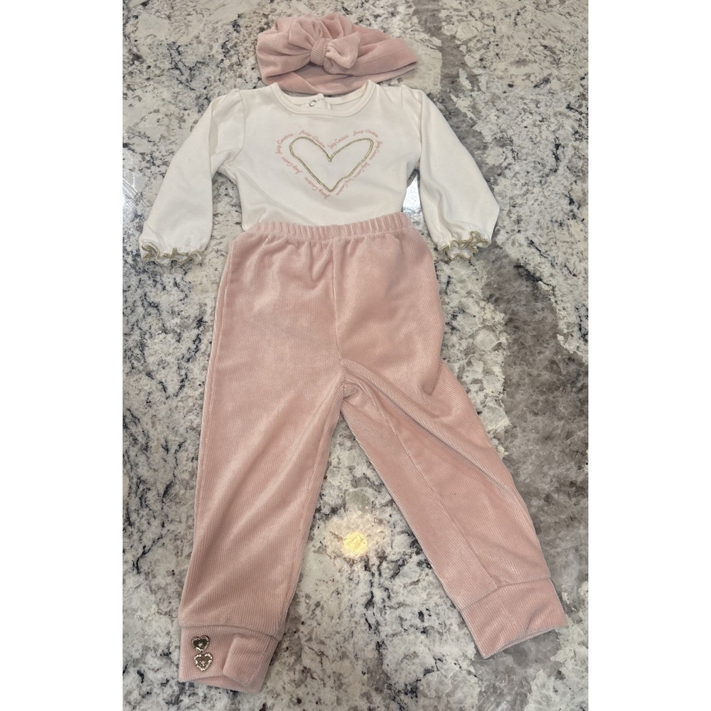 Juicy Couture Baby Girl Set Top Bottoms Hat Heart Style Fashionista Comfy